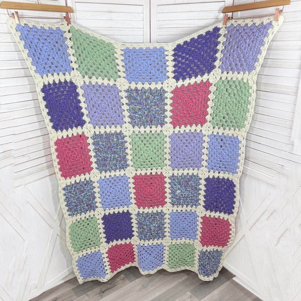 Handmade Granny Square Crochet Afghan Blanket White Multicolor Pink Purple Green